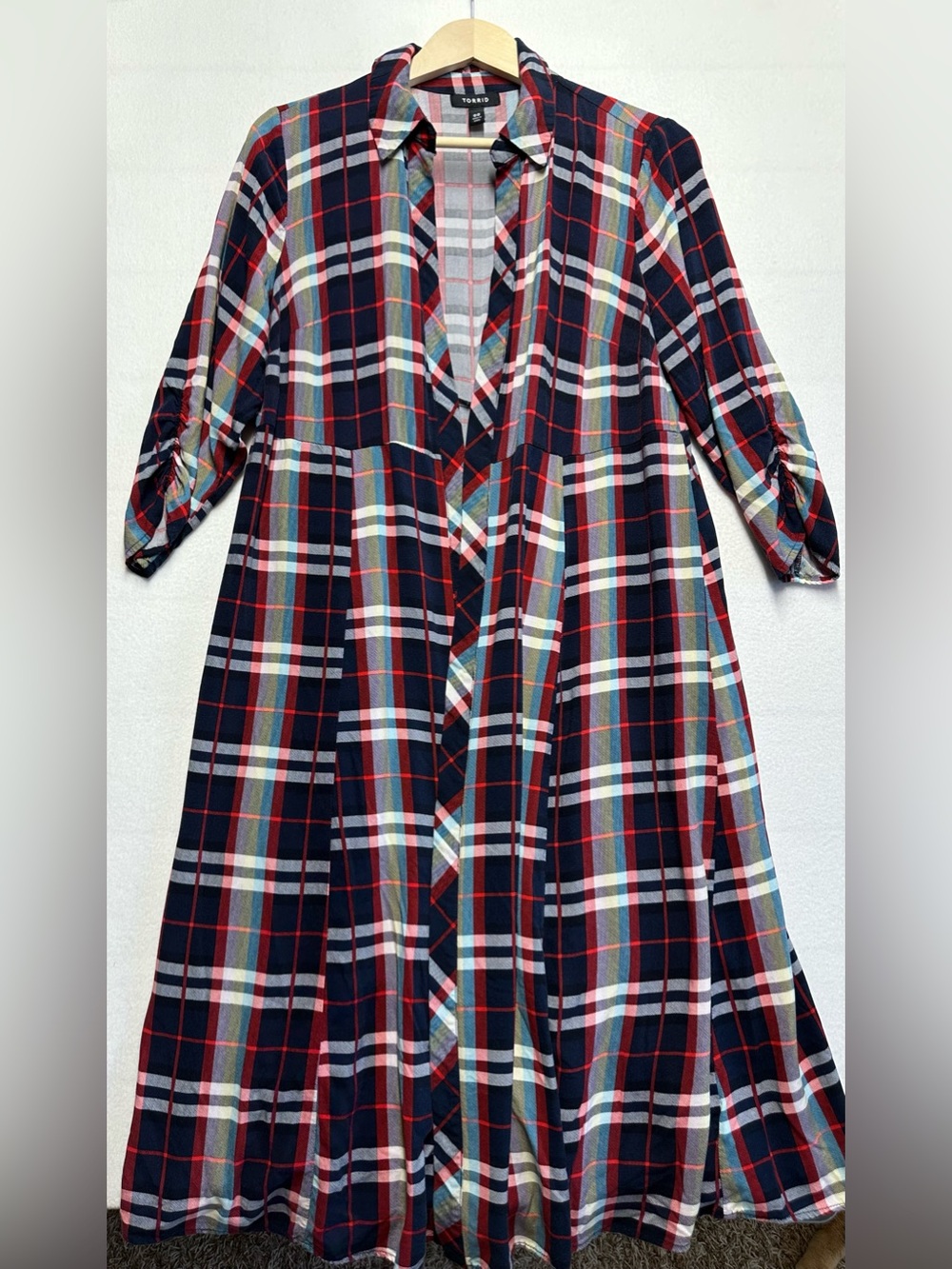 Torrid Size 00 Plaid Duster Cardigan Red Navy Longline Open Front Ruched Sleeve